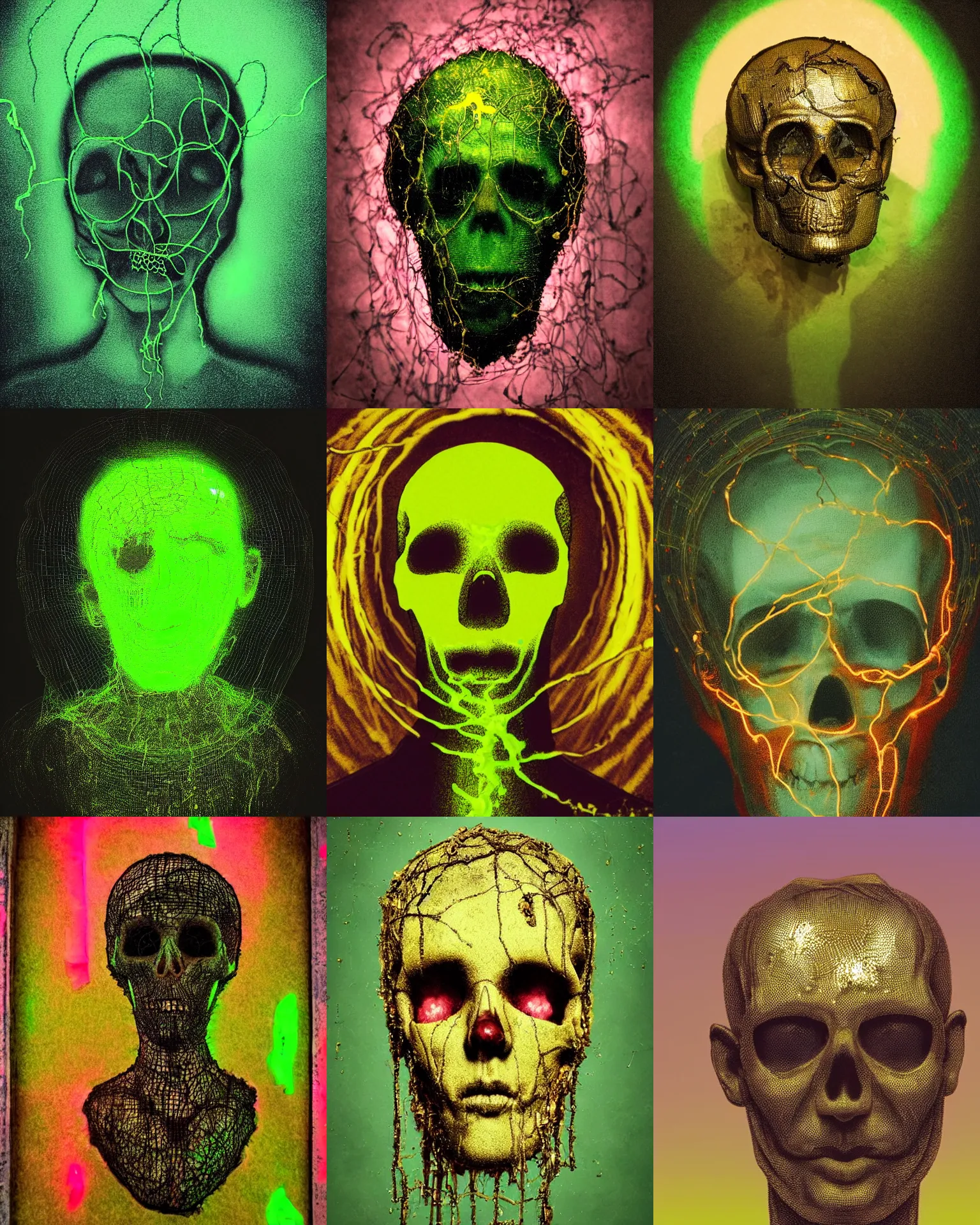 Prompt: rendered in a dream, portrait of a man with a hollow head. instead of a skull, there is a loose wire mesh, with gold liquid spilling out. wire mesh skull with gaps. ethereal dream manifestation. neon green or pink or yellow colored background, intense lighting and shadows. astonishing detail