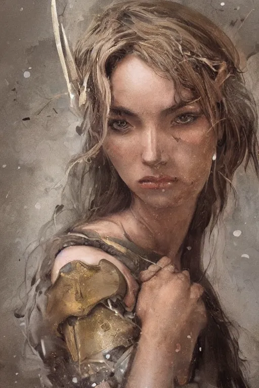 Image similar to a photorealistic painting of an attractive young girl, partially clothed in battle armor, olive skin, long dark hair, beautiful bone structure, symmetrical face, perfect eyes, intricate, elegant, digital painting, concept art, illustration, sharp focus, minimal artifacts, from Metal Gear, in the style of Ruan Jia and Mandy Jurgens, by Greg Rutkowski, trending on Artstation, award winning