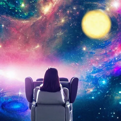 Image similar to a person floating out of their recliner chair, dramatic galaxy background scene, stars planets suns