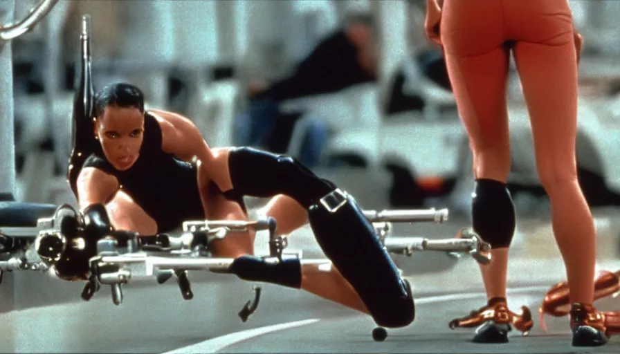 Image similar to The matrix, LeeLoo, Starship Troopers, Olivia Pope, 1990's Olympics footage, Sprinter athletes recovering from a race, tuning their mechanical legs with mechanics helping, intense moment, cinematic stillframe, dramatic lighting, The fifth element, vintage robotics, formula 1, starring Geena Davis