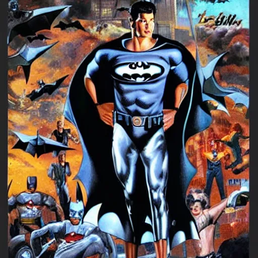 Prompt: young jeff goldblum as bruce wayne, muscular, batman t shirt, movie poster, joe jusko, boris vallejo