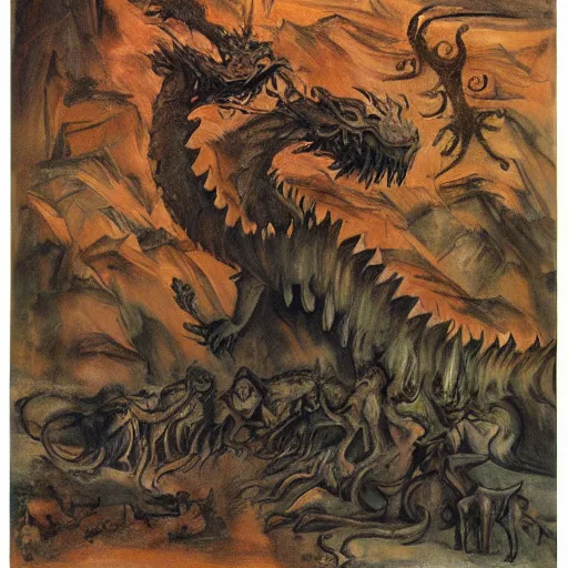 Image similar to A beautiful land art of a large, dragon-like creature with sharp teeth, talons, and a long tail. The creature is looming over a small group of people who appear to be in distress. burnt umber, in the desert by Wes Anderson, by Affandi rich details, loose