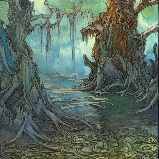 Prompt: the swamp ad castle are being sucked into the sky vortex, an award winning landscape painting y rebecca guay