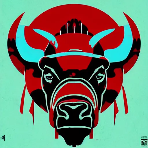 Prompt: a beautiful album cover of a cyberpunk bison by Shepard Fairey, red white and cyan color scheme