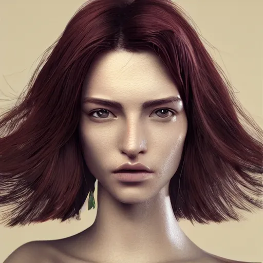 Prompt: Glamorous Runway Model, long fan blown dark reddish hair, tight bone structure, olive skin, intricate, elegant, highly detailed, hanging nose jewelry, octane render, photorealistic, smooth, depth of field blur, illustration, art by James Jean