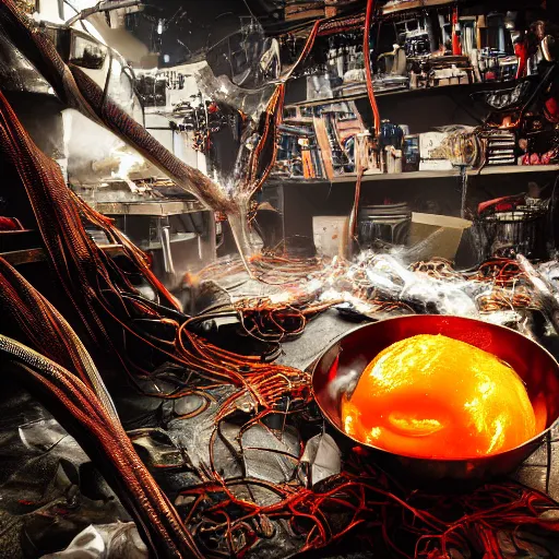 Prompt: fried egg in a red hot frying pan, tangles of metallic cables, dark messy smoke - filled cluttered workshop, dark, dramatic lighting, orange tint, sparks, plasma charges, cinematic, highly detailed, sci - fi, futuristic, movie still