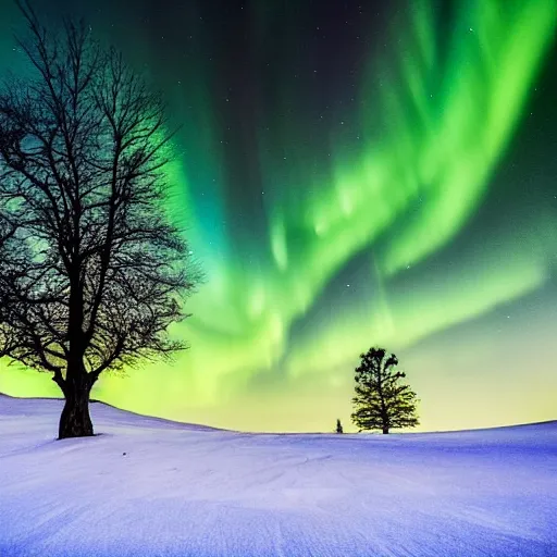 Prompt: beautiful lone tree in the distance on a hill, moonlight, aurora borealis, milky way, landscape photography, hyper-realistic