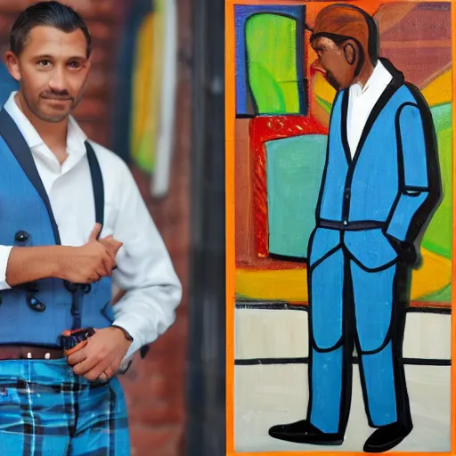 Image similar to A painter. A man, maybe in his mid-thirties. His skin tone is tanned and his hair is cut short. He appears to be some sort of artist, probably a painter. He is wearing a blue jacket, white dress shirt, and blue plaid bow tie. His pants are brown and he has a belt around his waist.