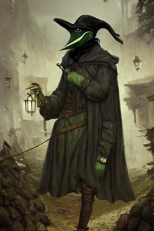 Prompt: A fancy portrait of a green medieval plague doctor wearing a beak mask in a medieval village by Greg Rutkowski, Sung Choi, Mitchell Mohrhauser, Maciej Kuciara, Johnson Ting, Maxim Verehin, Bloodborne, 8k photorealistic, cinematic lighting, HD, high details, dramatic, dark atmosphere, trending on artstation