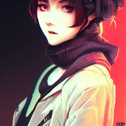 Image similar to by kyoto animation, cool girl wearing cyberpunk intricate streetwear, beautiful, detailed symmetrical close up portrait, intricate complexity, in the style of artgerm and ilya kuvshinov, cell shaded, 4 k, concept art, by wlop, krenz cushart, greg rutkowski, pixiv. cinematic dramatic atmosphere, cinematic lighting, studio quality