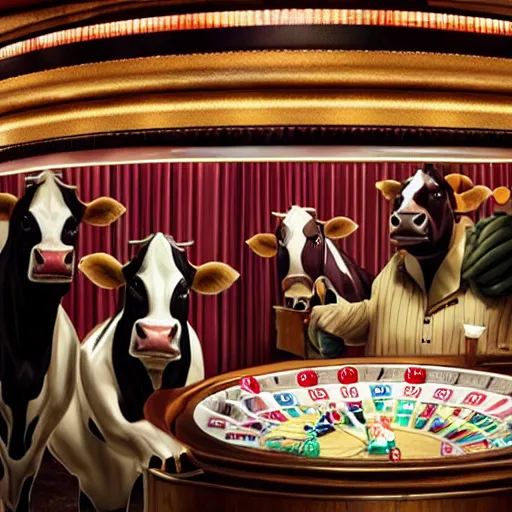 Prompt: movie still of cows trying to break into The Steakhouse at Circus Circus Casino, people rioting throughout, photorealistic, highly detailed