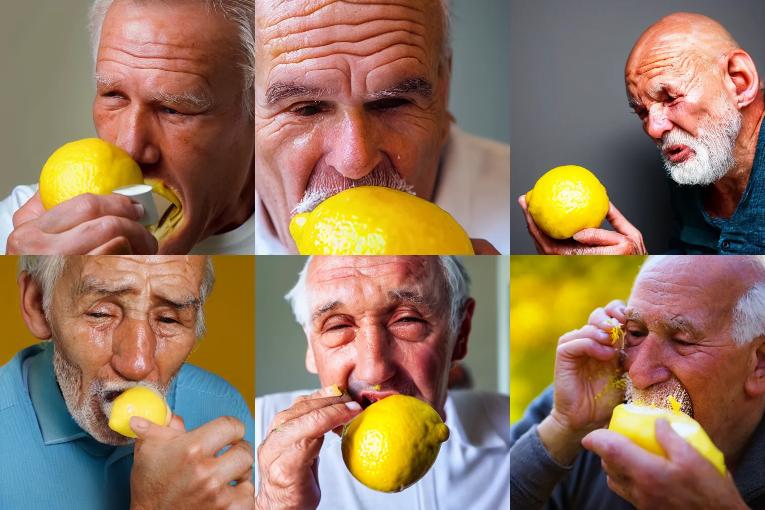 Prompt: closeup headshot photo of the old man passionately tasting the best lemon pudding, detailed face details