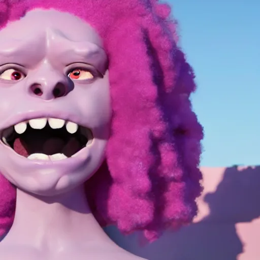 Prompt: a cyclops girl with a blue eye. pink afro hair. big mouth. 4k. ultrarealistic. render in octane