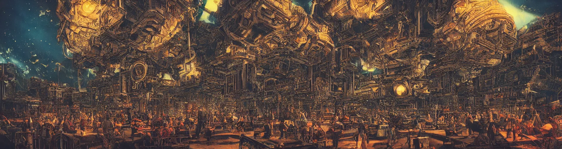 Image similar to a techno rave club in berlin, concept art, intricate details, highly detailed, vintage sci - fi poster, retro future, in the style of chris foss, rodger dean, moebius, michael whelan, and gustave dore