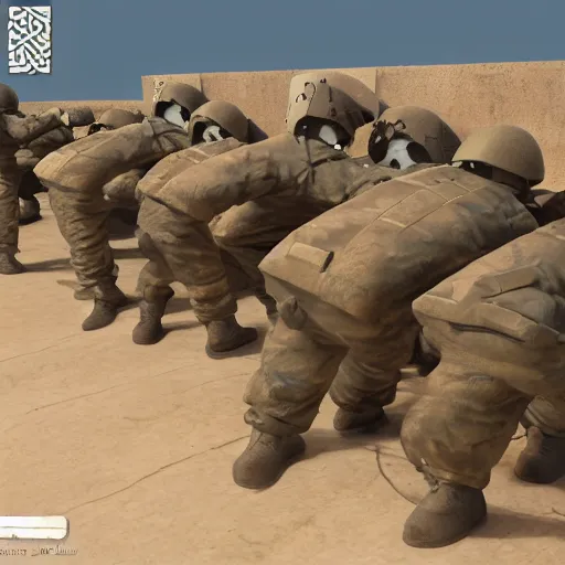 Image similar to greek soldiers storming a bunker defended by cats, Dreamworks 3d render