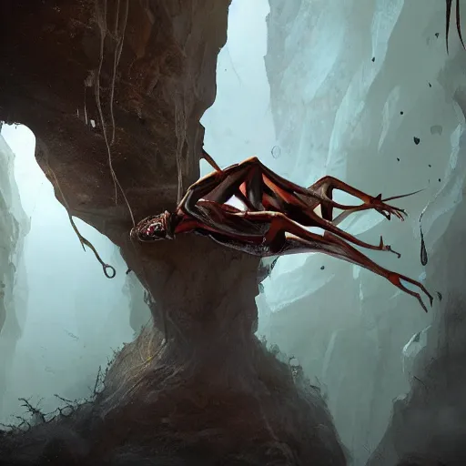 Prompt: of an anthopomorphic spider woman in a cave upside down, scary, beautiful landscape, dramatic lighting, cinematic, establishing shot, extremly high detail, photorealistic, cinematic lighting, post processed, concept art, artstation, matte painting, style by greg rutkowsky