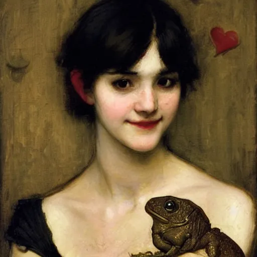 Image similar to black haired young woman holding a toad and smiling, john william waterhouse, soft lighting, romantic, love