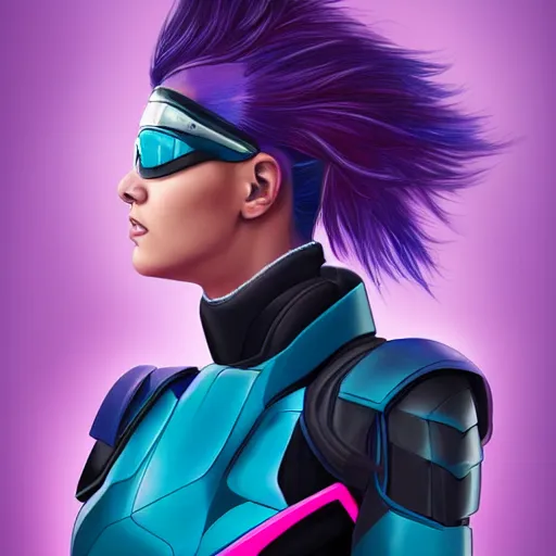 Prompt: a stunning upper body portrait of a beautiful young woman wearing futuristic navy blue and teal battle bodyarmor and pauldrons and ombre purple and pink hairstyle with hair blowing in the wind, by marvel comics, outrun, vaporware, highly detailed, fine detail, intricate, digital art, trending on artstation