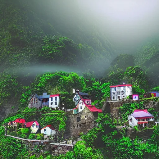 Prompt: village on a steep cliff peak, wide angle, fog layer, foliage, digital art