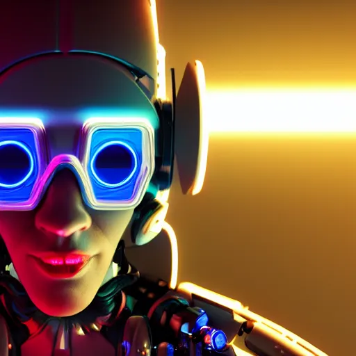 Prompt: photoreal 3 d portrait of a futuristic intricate robot in a infinity server bunker of singularity, gllittering light leaks, harmonic electromagnetic waves, blue glowing led eyes, wearing a very bionic mask and goggles, octane render, trending on artstation, cyberpunk, dystopia tokyo, by designer peter schreyer