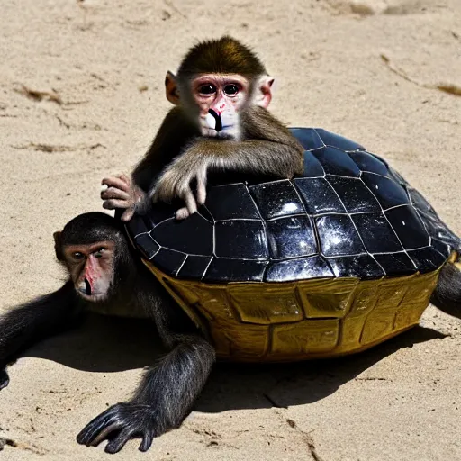 Image similar to a monkey sitting on the back of a turtle