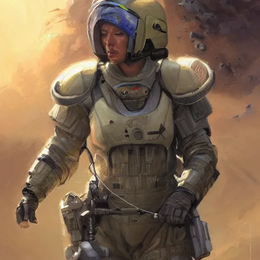 Prompt: Female Intergalactic combat paramedic on the battlefield, Sci-Fi portrait art by Donato Giancola and Bayard Wu, digital art, trending on artstation