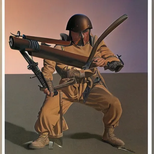 Image similar to syd mead fictional history world war 2 medieval weapons hyperrealism photo - realistic lifelike photography roger dean moebius