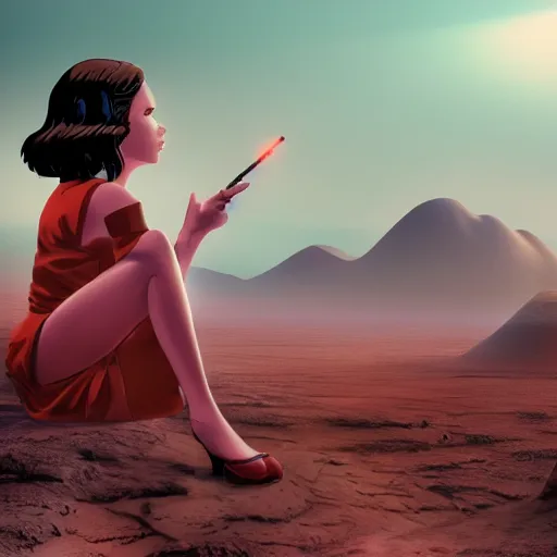 Image similar to Anime still of Lana Del Rey on Mars, sitting on a Martian rock, smoking a cigarette, reddish atmosphere with detailed highlights, dark gloomy sky cascading upon the atmosphere, well-detailed ornate Martian mountains in the background, trending on artstation, 4k, 8k