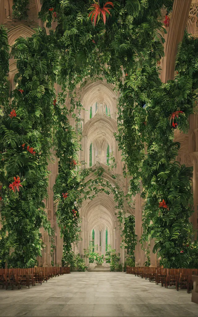 Prompt: grand cathedral interior with koi pond in the middle surrounded by palm trees, ivy, flowers, tropical plants, roses, and with archways, rendered in octane render with photorealistic cinematic volumetric lighting, cinematic, horizontal symmetry, symmetrical