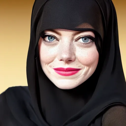 Image similar to A portrait of Emma Stone wearing a Black Arabian abaya , high quality, fully detailed, 4k