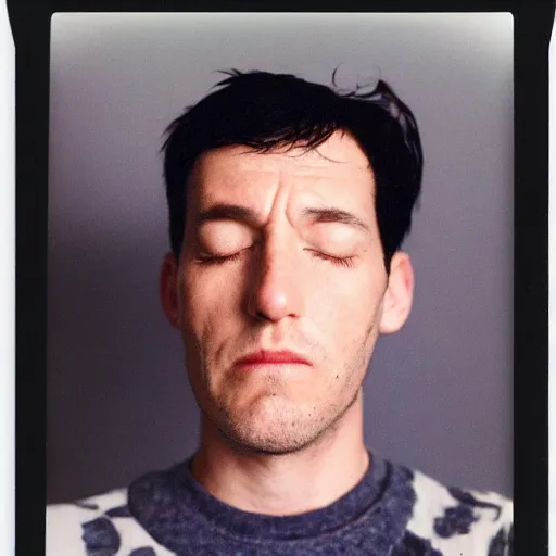 Image similar to a professional polaroid portrait photo of a man with an asymmetrical face with his eyes closed. the man has black hair, light freckled skin and a look of confusion on his face. extremely high fidelity. key light.