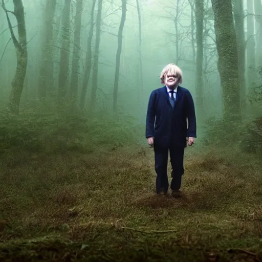 Prompt: boris johnson in the stranger things upside down world, realistic, photography, award winning, 8 k, wide shot, still frame from the princess mononoke film, in the woods at night, overgrown grass, dramatic, animals, gloomy, volumetric light, ground mist, cinematic, filmic,