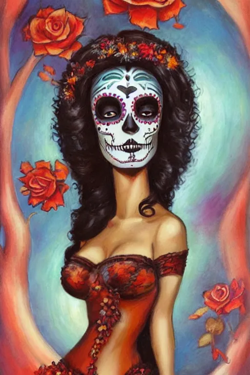 Prompt: Illustration of a day of the dead girl, art by Julie Bell