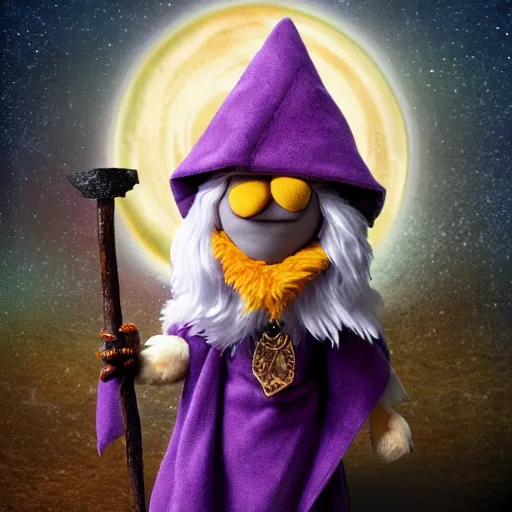 Prompt: dungeons and dragons foxfolk wizard druid as a chibi muppet plush wearing a wizard cloak and holding a staff with an amethyst at the top, photorealistic, photography, national geographic, sesame street