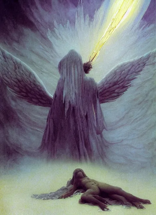 Image similar to giant white glowing angel rising above fallen demon lying on the foggy ground by wayne barlowe, wes anderson, arnold böcklin, roger dean, mikalojus konstantinas ciurlionis, mikhail vrubel and wadim kashin, rich moody colours, 90-s anime, ethereal, lo-fi retro videogame