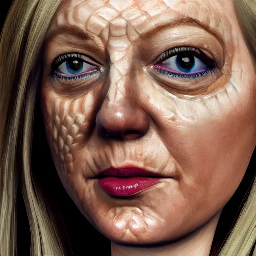 Prompt: A portrait of Liz Truss as a reptilian, snake eyes, slit pupils, scales, Liz Truss, human-animal hybrid, hyperrealistic, photorealistic, trending on artstation, f 1.8