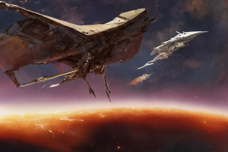 Image similar to a pterodactyl mecha, fighter-jet sized, smooth, john berkey white plastic panels, heavily armed by Craig Mullins and Scott Robertson nebula like clouds in space background near a ringed gas giant, distant explosions and spaghetti-like missile rocket exhaust trails by Dylan Cole and federico pelat cinematic lighting, hyper detailed hyper detailed, 8k, ultra realistic, cinematic lighting, ultra wide 35mm lens