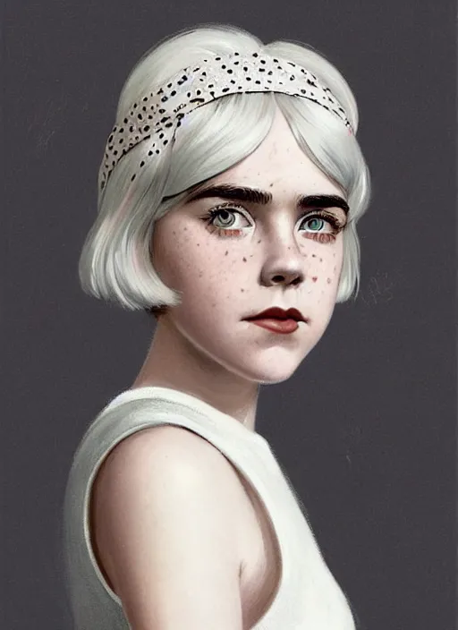 Prompt: portrait of kiernan shipka with freckles, white hair, 1 9 6 0 s bob hairstyle, hairstyle with bangs, 1 9 6 0 s bob hair with bangs and hairband, intricate, elegant, glowing lights, highly detailed, digital painting, artstation, concept art, smooth, sharp focus, illustration, art by wlop, mars ravelo and greg rutkowski