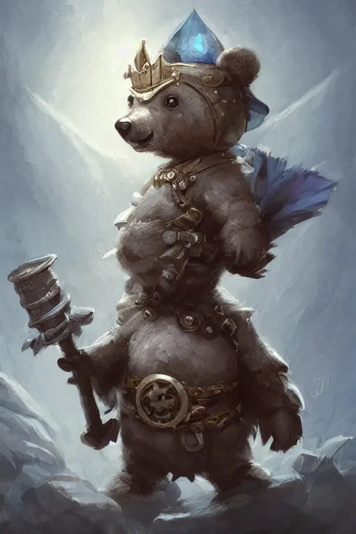 Image similar to cute little anthropomorphic bear knight wearing a cape and a crown, tiny, small, miniature bear, baby animal, short, pale blue armor, cute and adorable, pretty, beautiful, DnD character art portrait, matte fantasy painting, DeviantArt Artstation, by Jason Felix by Steve Argyle by Tyler Jacobson by Peter Mohrbacher, cinematic lighting