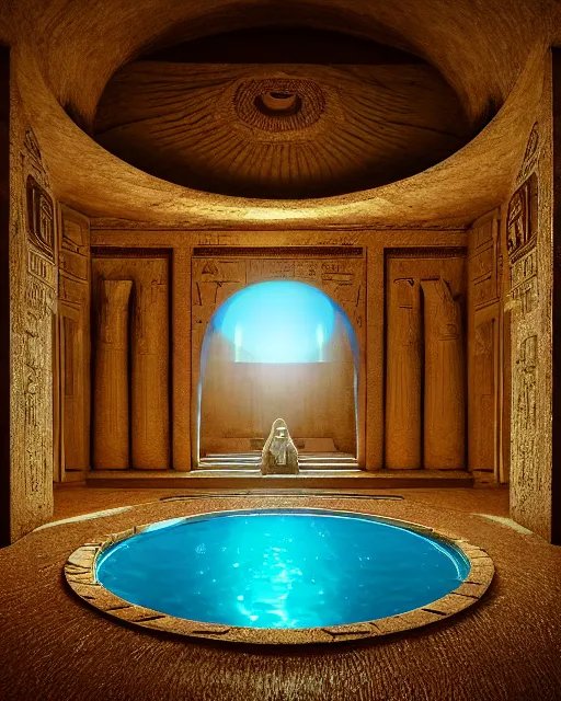 Prompt: greg rutkowski digital painting of an ornate and royal egyptian antechamber tomb, a circular pool in the tomb, the circular pool has a galaxy inside, unreal engine, hyper realism, realistic shading, cinematic composition, blender render, octane render, hdr, detailed textures, photorealistic, ultrawide shot, 3 5 mm film