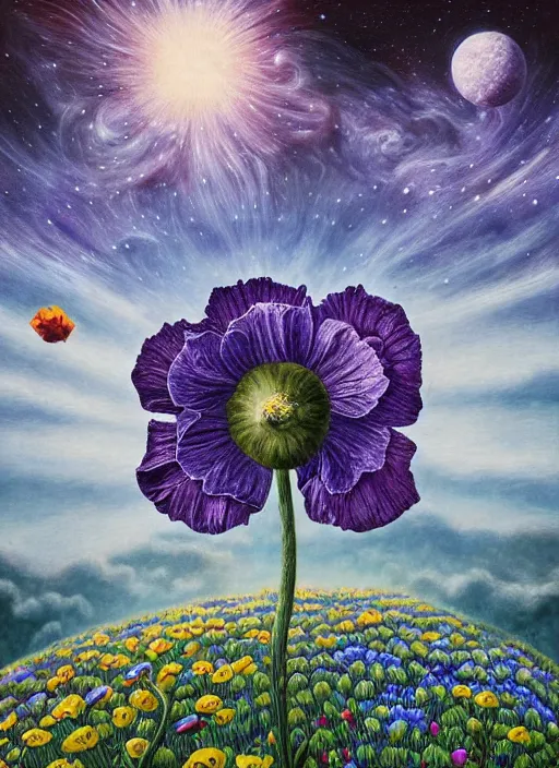 Image similar to detailed, intricate blue black and purple papaverum flower on the field, nebula, galaxy in the sky, winning award masterpiece, fantastically beautiful, illustration, aestheticly inspired, jacek yerka, upscale with anguissola sofonisba work, artstation, 8 k