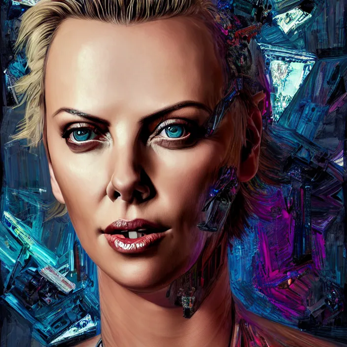 Image similar to portrait of charlize theron as a punk rock girl. intricate abstract. intricate artwork. by tooth wu, wlop, beeple, dan mumford. octane render, trending on artstation, greg rutkowski very coherent symmetrical artwork. cinematic, hyper realism, high detail, octane render, 8 k, iridescent accents