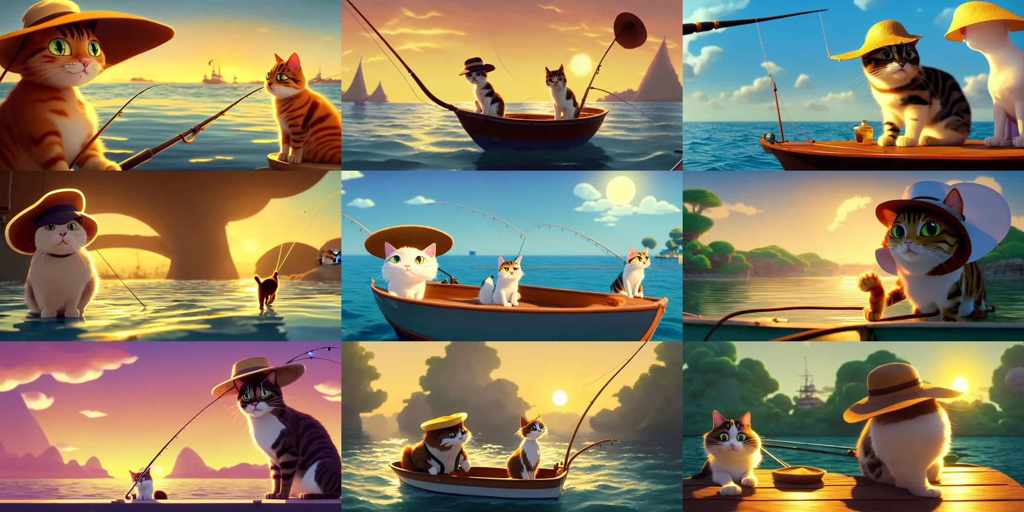 Prompt: a wholesome animation key shot of a cute cat on a fishing boat wearing a sunhat, golden hour, studio ghibli, pixar and disney animation, sharp, rendered in unreal engine 5, anime key art by greg rutkowski, bloom, dramatic lighting