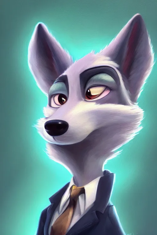 Image similar to oil painting of anthromorphic female wolf, in style of zootopia, female fursona, furry, furaffinity, 4 k, deviantart, furry art, fursona art, wearing black business suit, business suit, wolf fursona, female, very expressive detailed feminine face,