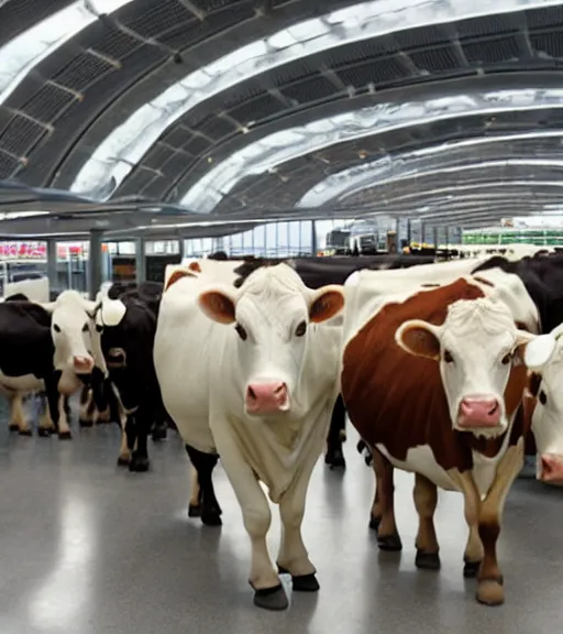 Prompt: human dairy cows at the airport