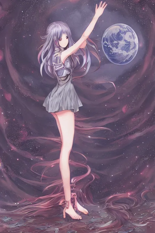 Image similar to Adult anime style girl on the moon waving, fantasy, intricate, elegant, highly detailed, digital painting, 4k, HDR, concept art, smooth, sharp focus, illustration, art by Serafleur