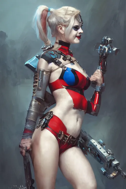 Image similar to portrait of Harley Quinn in bikini armor, dc comics, cyberpunk, Warhammer 40000, digital art from artstation by Ruan Jia and Mandy Jurgens and Artgerm and william-adolphe bouguereau