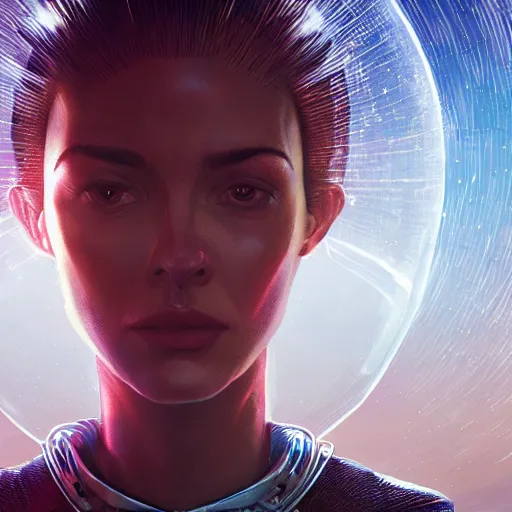 Image similar to detailed face of a woman, dyson sphere, cool skydome, fresh atmosphere, ambient, rick guidice, syd mead, livia prima, greg rutkowski