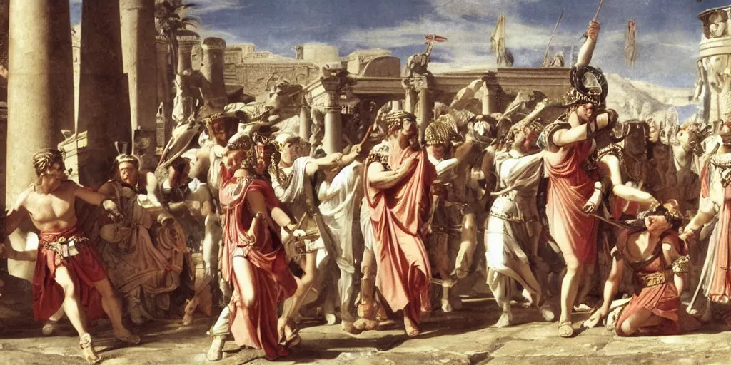 Image similar to gaius iulius caesar battle against cleopatra, cinematic