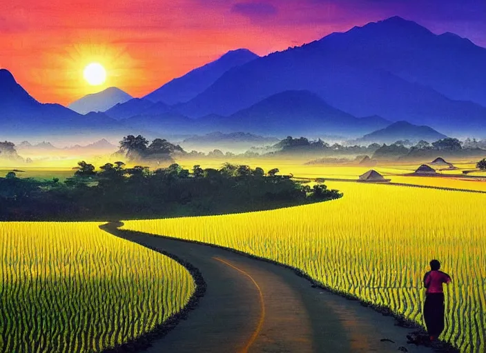 Image similar to a road between rice paddy fields, two big mountains in the background, big yellow sun rising between 2 mountains, flocks of birds in the sky, indonesia national geographic, award winning dramatic painting